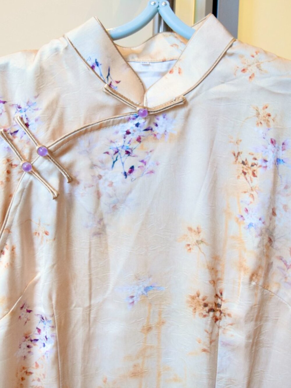 Yellow Purple Flora Printed Satin Qipao Long Dress - Chinese Cheongsam